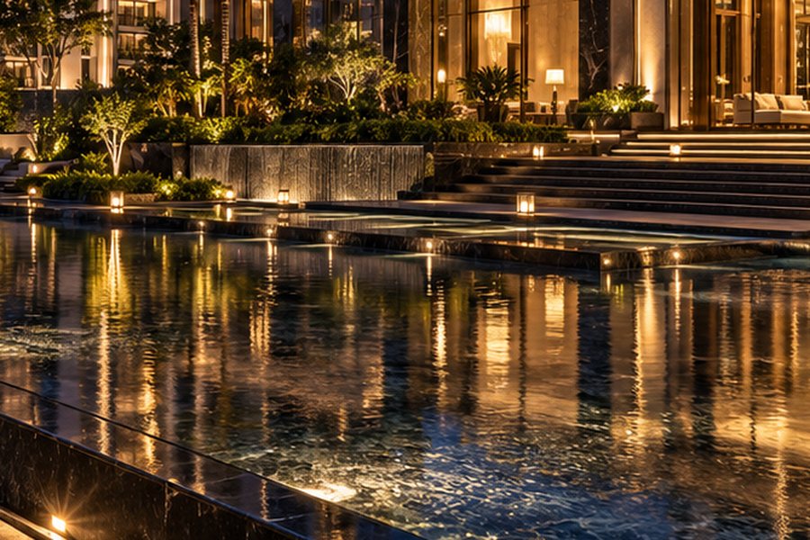 Pool deck with lit steps and reflections – L&T Realty Sector 86 Gurgaon