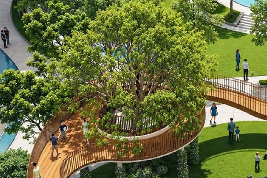 Aerial view of tree-lined garden court and water channel – L&T Realty Sector 86 Gurgaon