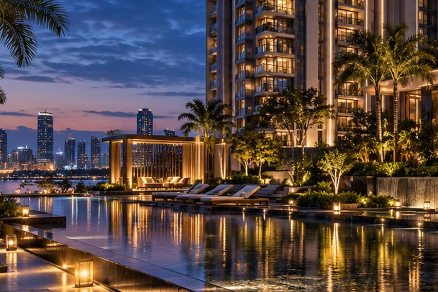 Poolside cabana and lounge seating at dusk – L&T Realty Sector 86 Gurgaon
