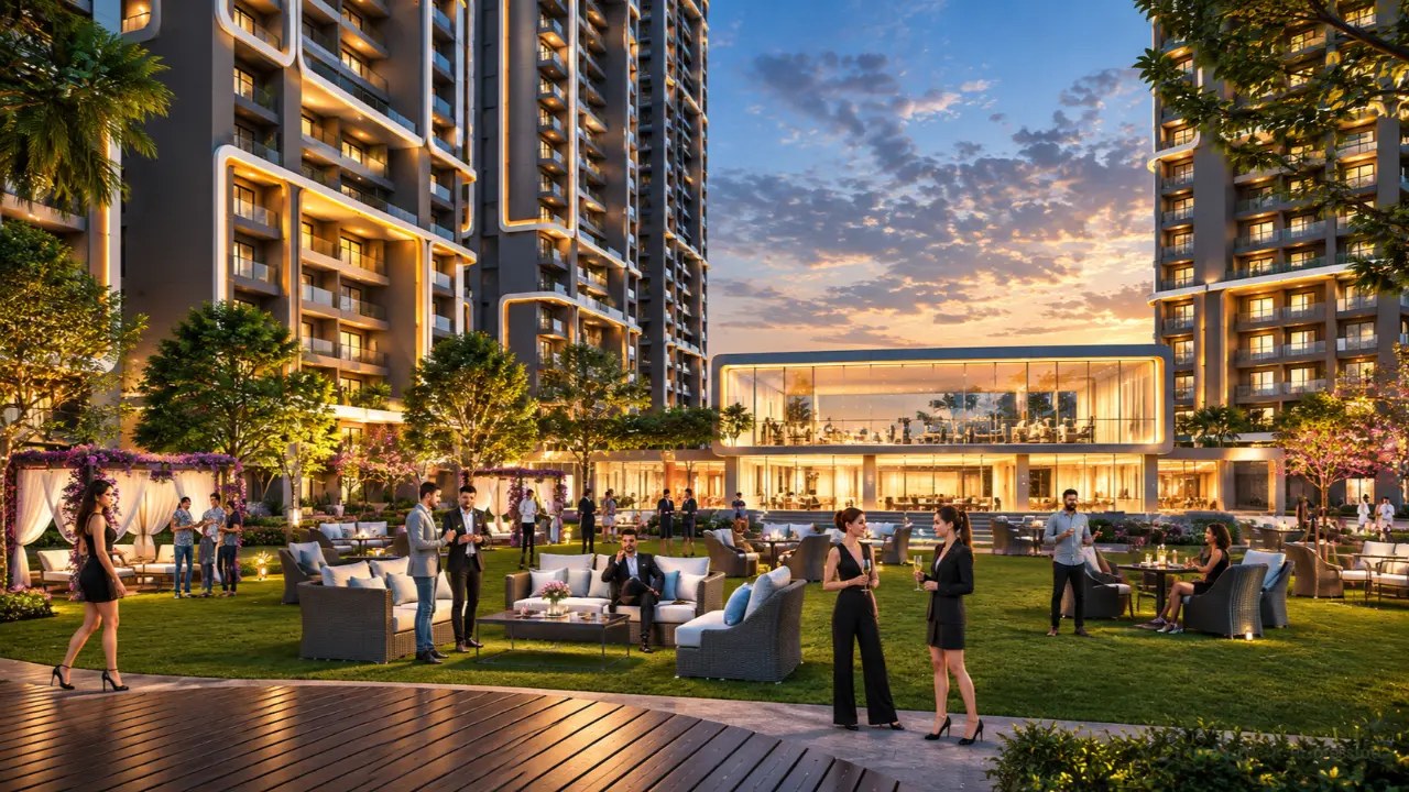 Residential towers with a landscaped lounge lawn and clubhouse at dusk – conceptual visual
