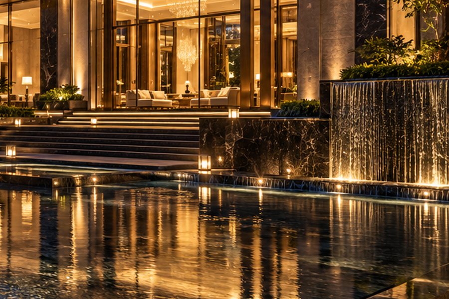 Warm glass-fronted clubhouse beside a lit water wall – L&T Realty Sector 86 Gurgaon