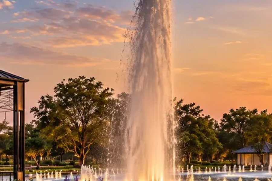 Landscaped lawn with water fountains at sunset – L&T Realty Sector 86 Gurgaon
