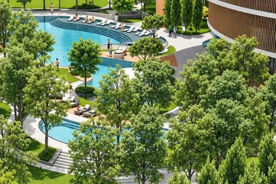 Landscaped pool and gardens seen from above – L&T Realty Sector 86 Gurgaon