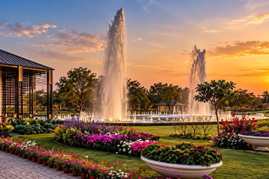 Garden promenade with fountains at sunset – L&T Realty Sector 86 Gurgaon