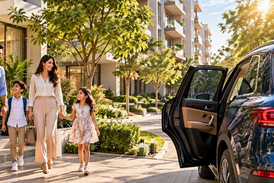 Family walking through the landscaped arrival court – L&T Realty Sector 86 Gurgaon