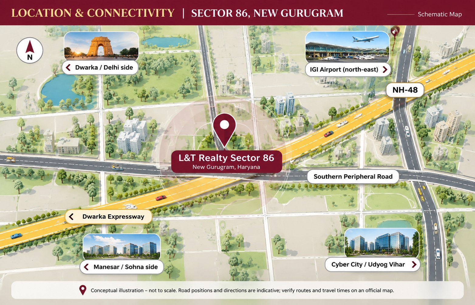 Schematic location map of L&T Realty Sector 86, New Gurugram with Dwarka Expressway, NH-48 and Southern Peripheral Road