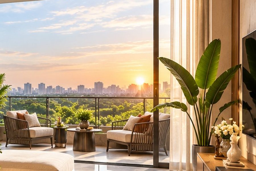 Living room opening to a skyline view – L&T Realty Sector 86 Gurgaon