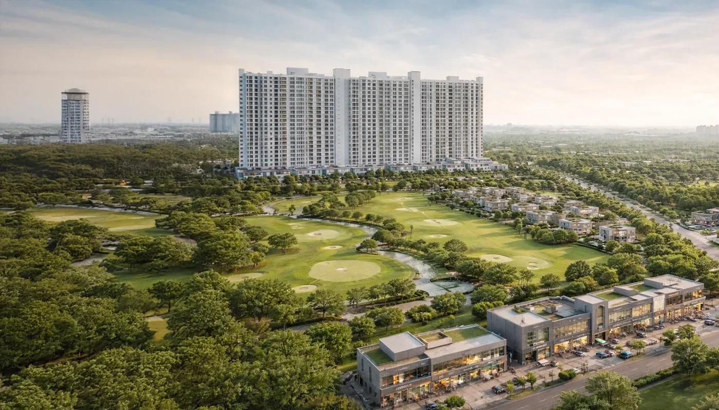Aerial view of Prestige Sector 109 Gurgaon towers with green golf-course views