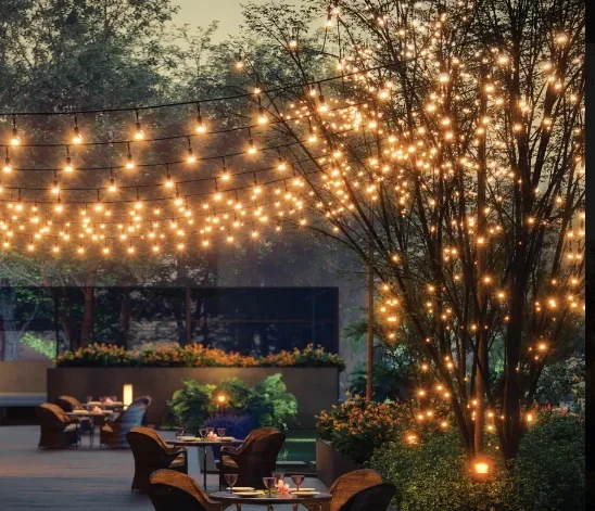 Party plaza with fairy lights at Prestige Sector 109 amenities
