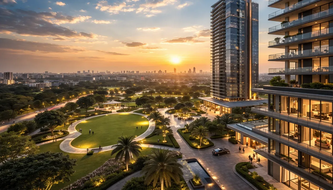 Prestige Sector 109 Gurgaon luxury towers and landscaped park at sunset