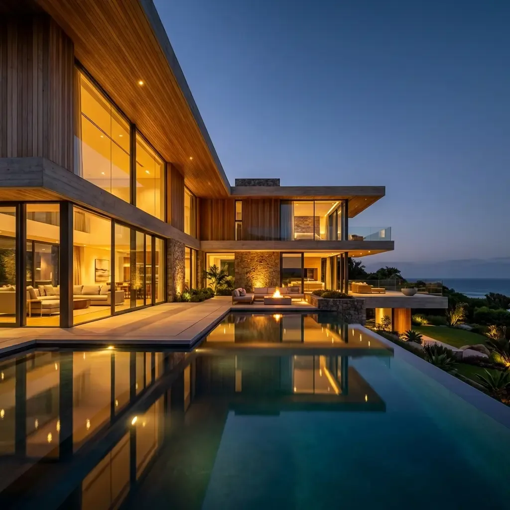 Resort-style pool and lit deck at Prestige Sector 109